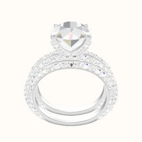 3/4 Three Row Pave Engagement Ring With Double Pave V Prong Head and Matching Band