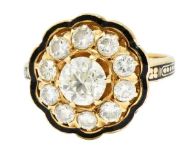 Art Deco Enamel 2.20 CTW Diamond 14 Karat Gold Cluster Ring