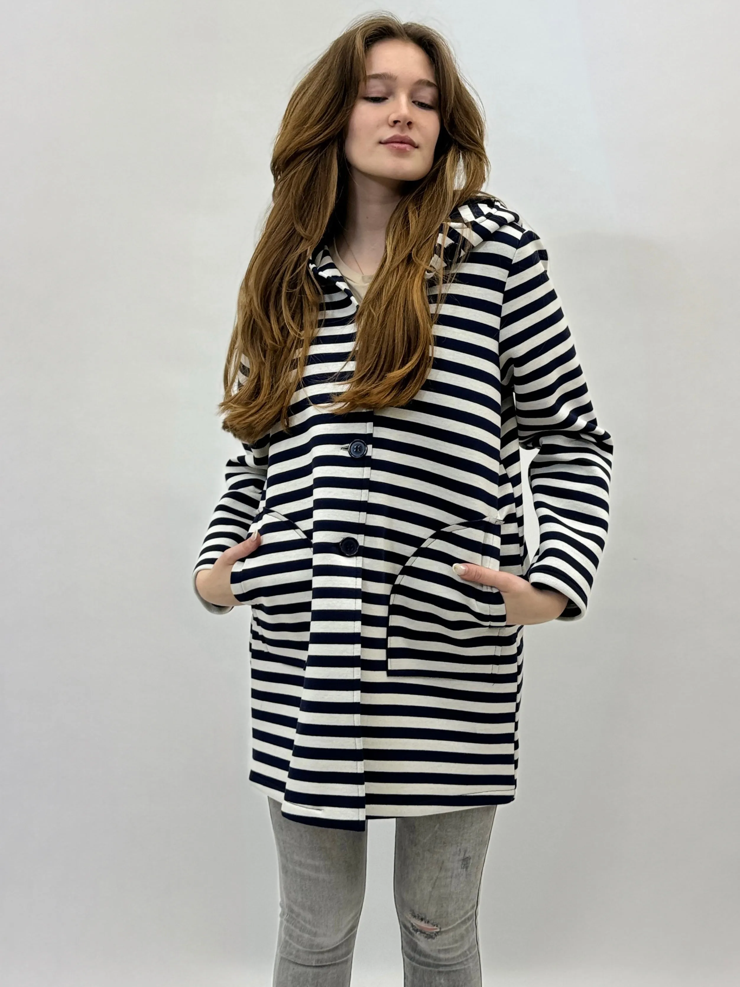 Giacca a righe in neoprene con cappuccio