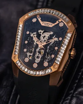 GT Skeleton TW028-D5 (Rosegold/Black) with White Swarovski (Black Rubber Strap)