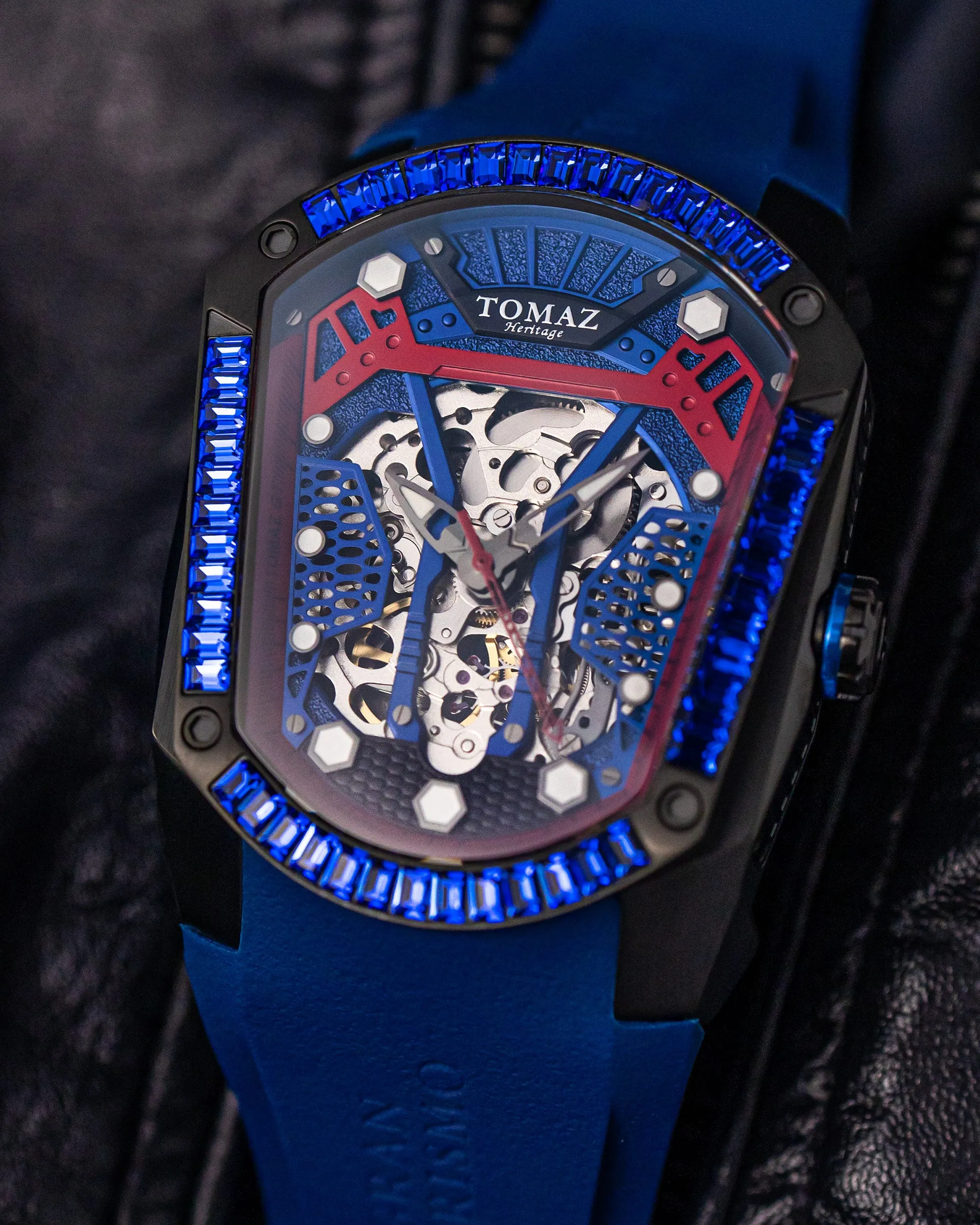 GT Skeleton TW028-D9 (Black/Blue) with Blue Swarovski (Blue Rubber Strap)