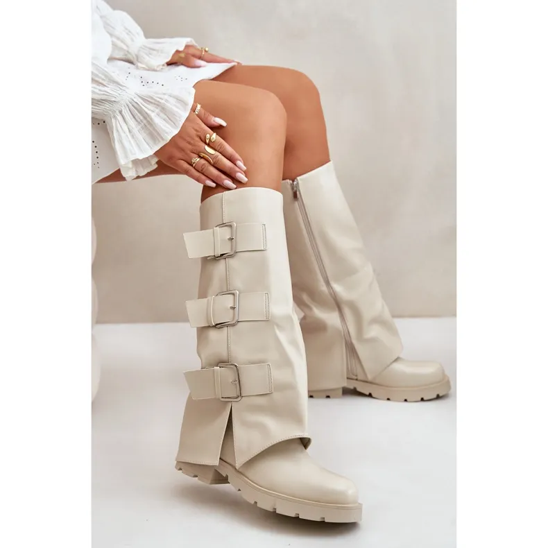 Insulated Boots With Rolled Upper And Buckles Light Beige Cialetta