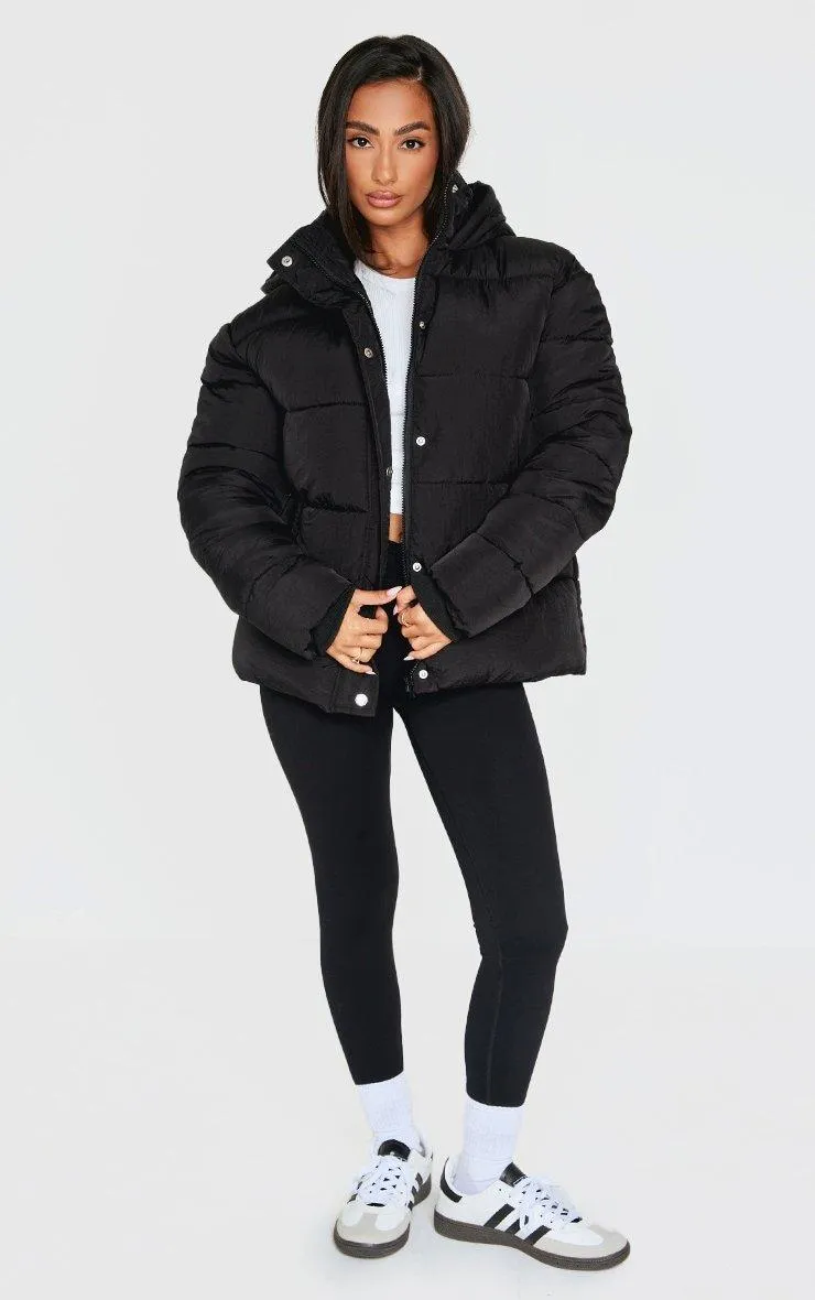 Jackets & Coats | Petite Black Hooded Puffer Jacket | PrettyLittleThing