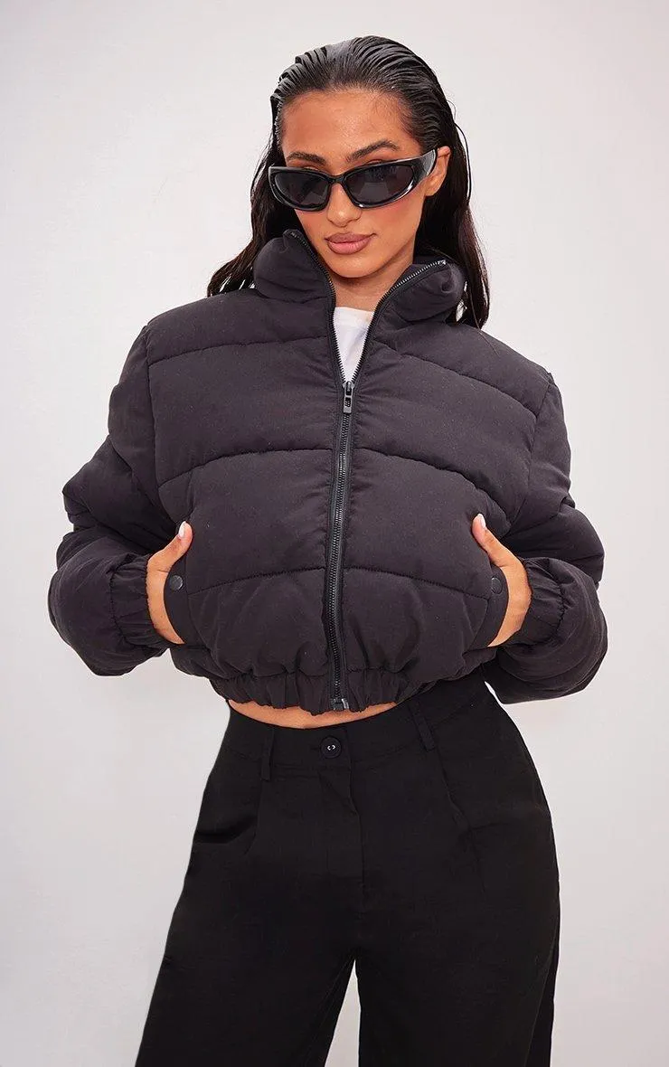 Jackets & Coats | Petite Black Peach Skin Cropped Bubble Puffer Jacket | PrettyLittleThing