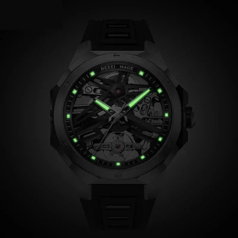 Men's Rubber Strap Luminous Skeleton Business Style Wristwatch