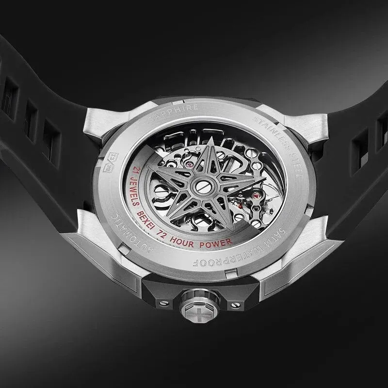 Men's Rubber Strap Luminous Skeleton Business Style Wristwatch