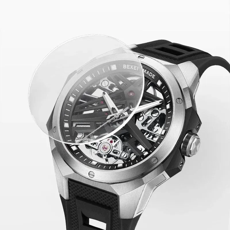 Men's Rubber Strap Luminous Skeleton Business Style Wristwatch