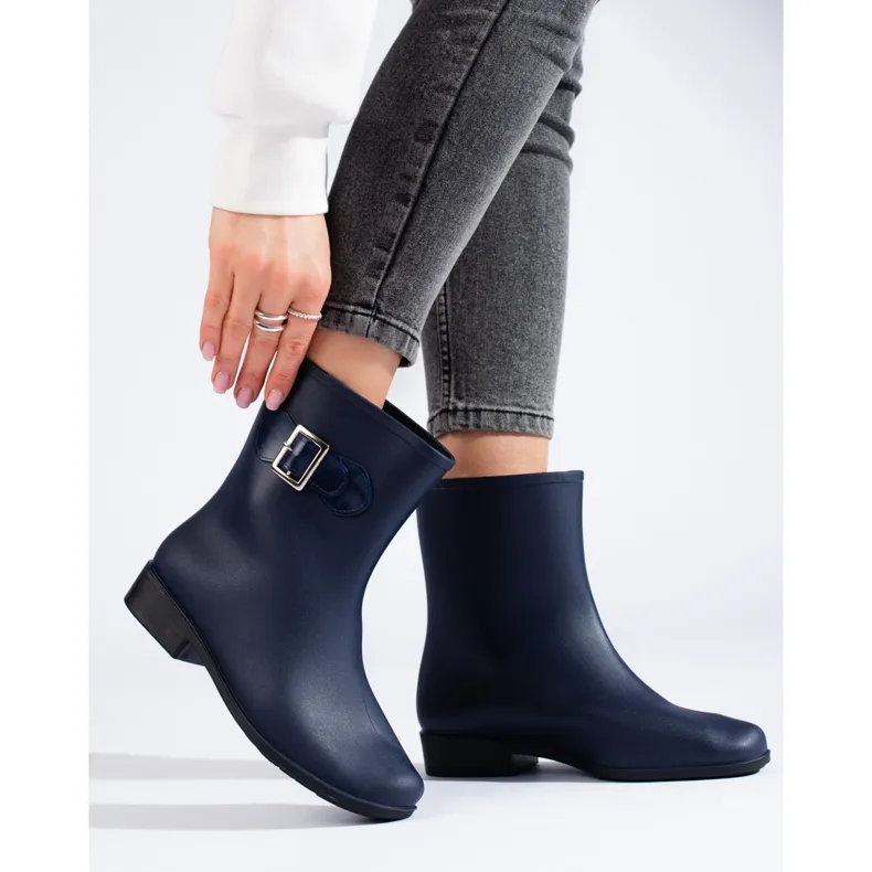 Navy blue rubber boots with a buckle