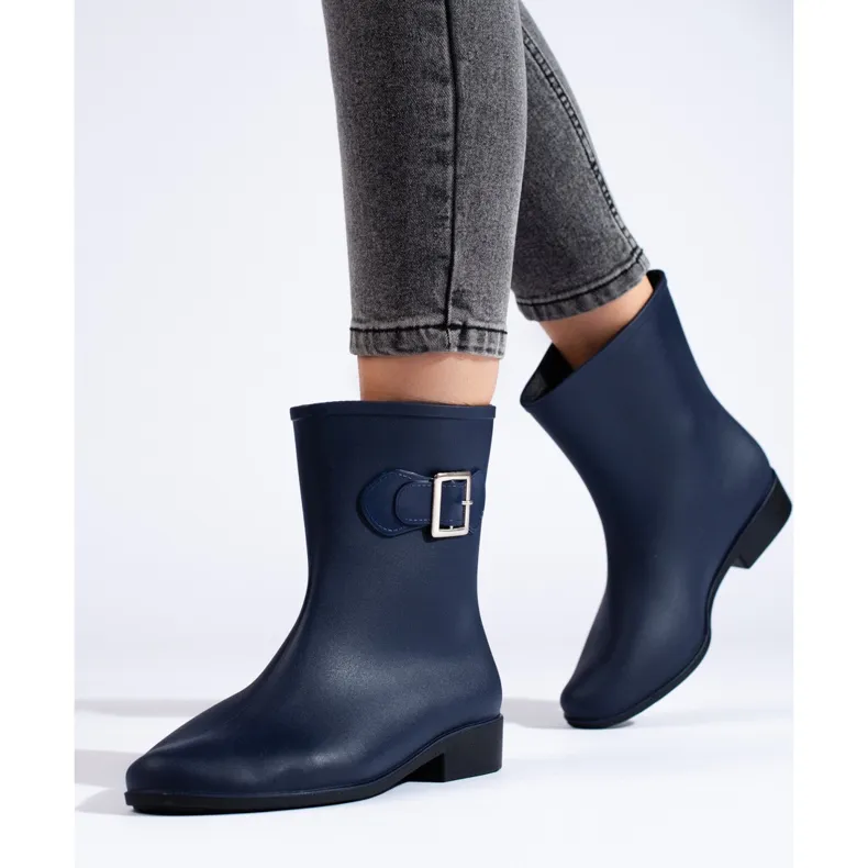 Navy blue rubber boots with a buckle