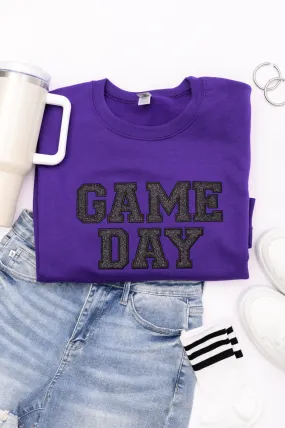 PREORDER: Embroidered Glitter Game Day Sweatshirt in Purple/Black