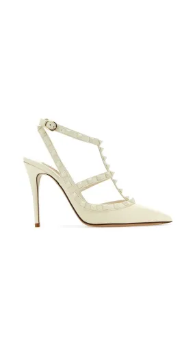 Rockstud Ankle Strap Pump with Tonal Studs 100MM - White