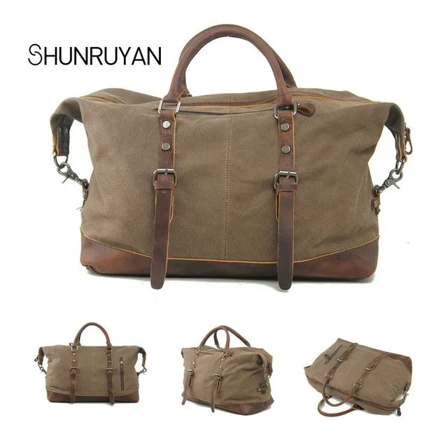 Shunruyan Canvas Cow Leather Men Travel Bags Carry On Luggage Bags Men Duffel Bags Travel Tote