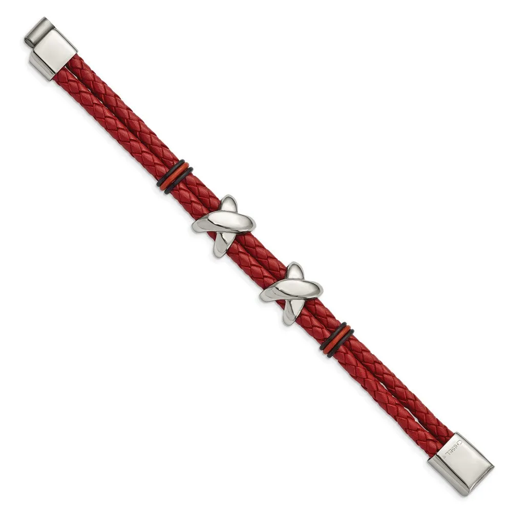 Stainless Steel, Red Leather & Rubber X Bead Strand Bracelet, 8 Inch