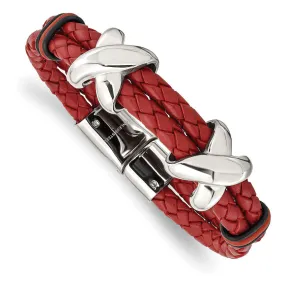 Stainless Steel, Red Leather & Rubber X Bead Strand Bracelet, 8 Inch