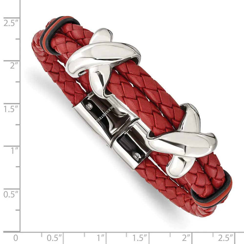 Stainless Steel, Red Leather & Rubber X Bead Strand Bracelet, 8 Inch