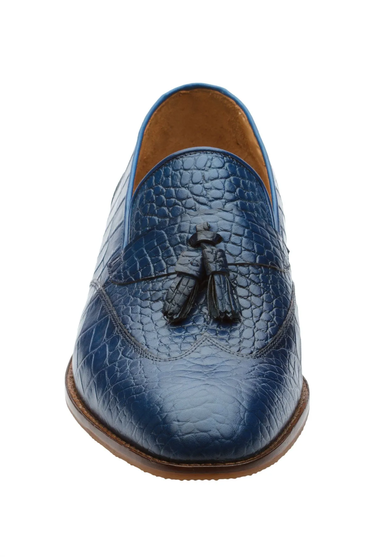 Wingcap Croc Print Tassel Loafer–Cobalt Blue