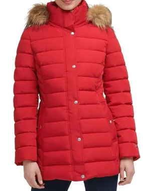 Women Red Puffer Hooded Jacket - New American Jackets