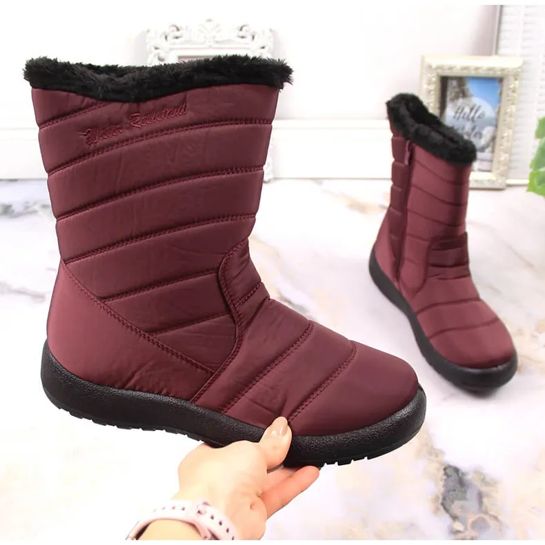 Women's waterproof snow boots high insulated burgundy NEWS red