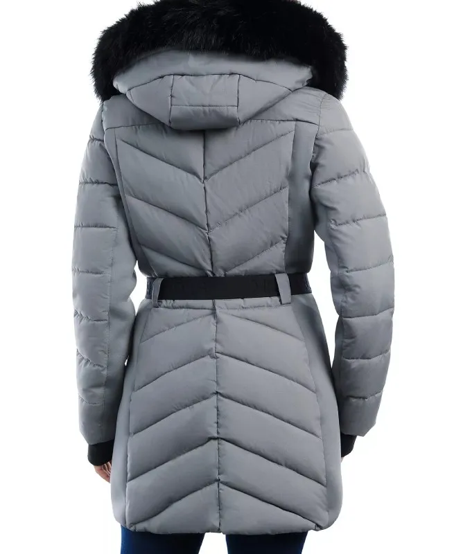 Women’s Belted Hooded Grey Puffer Coat - The Puffer Jackets