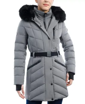 Women’s Belted Hooded Grey Puffer Coat - The Puffer Jackets